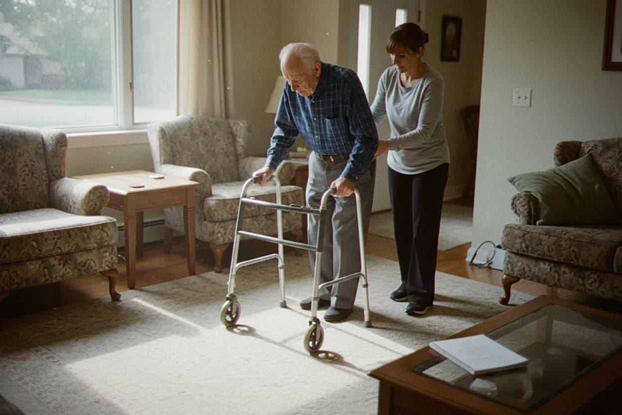 Caregiver checking on sleeping senior at night