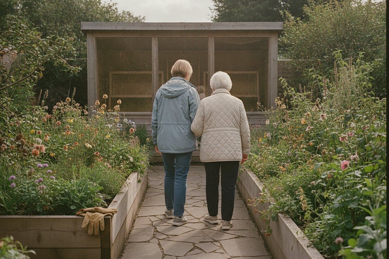 Elderly woman walking outdoors with caregiver