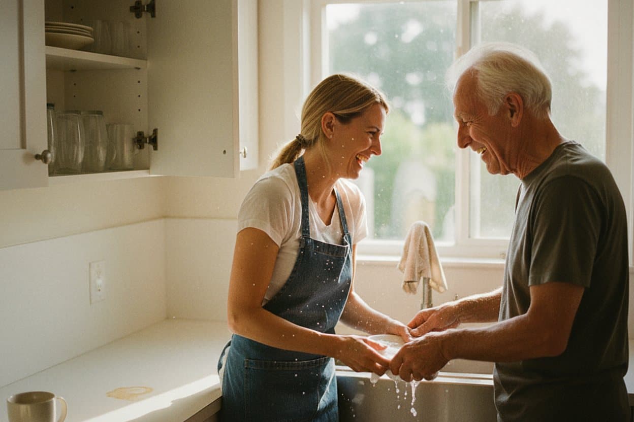 Two people laughing while cooking together