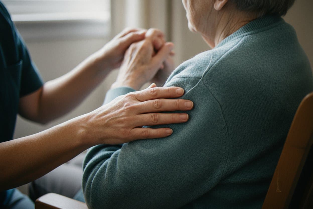 Caregiver's reassuring touch during memory care