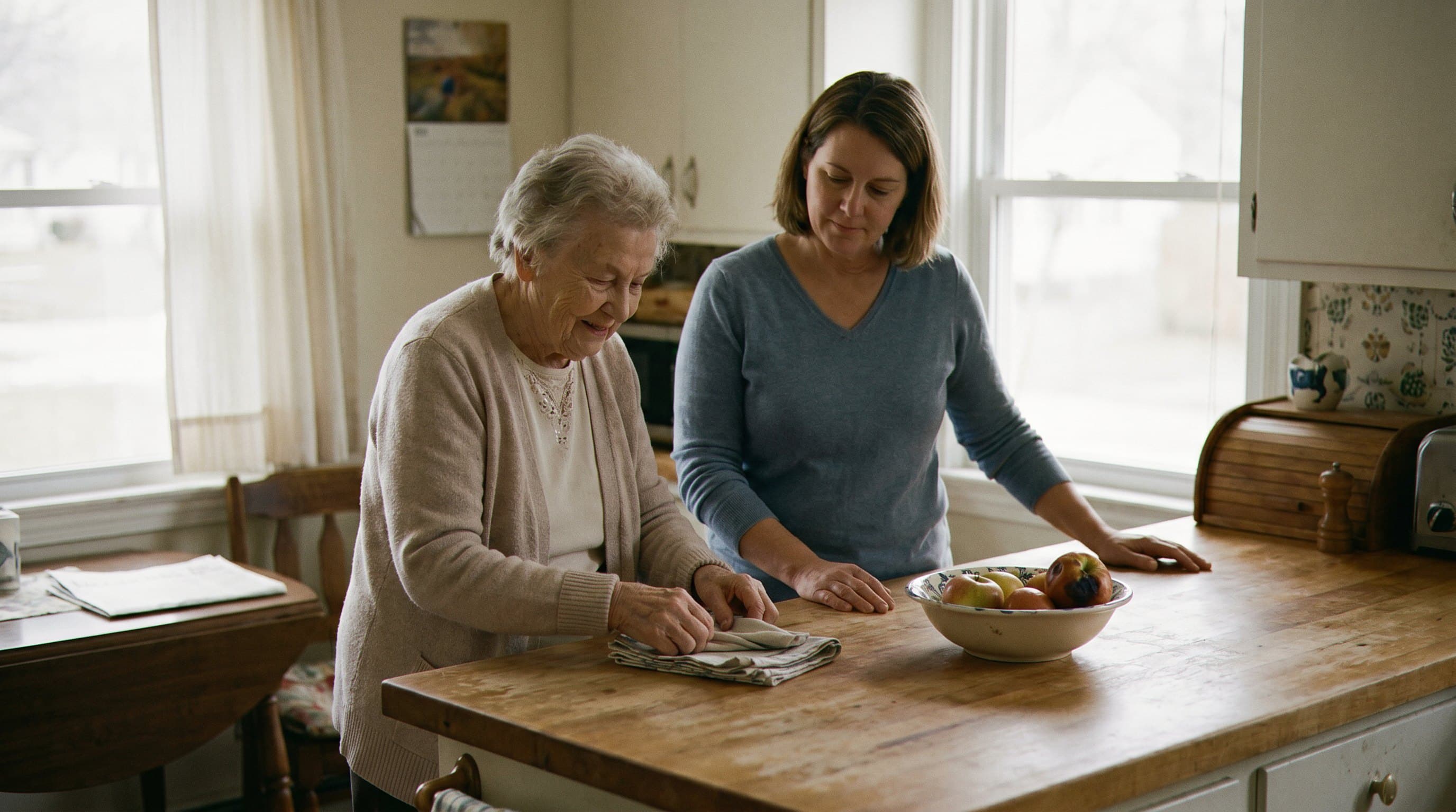 Senior woman smiling in familiar home kitchen