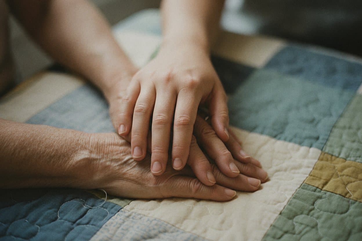 Family hands holding loved one together