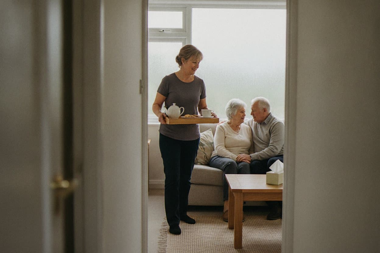 Caregiver serving tea to family members