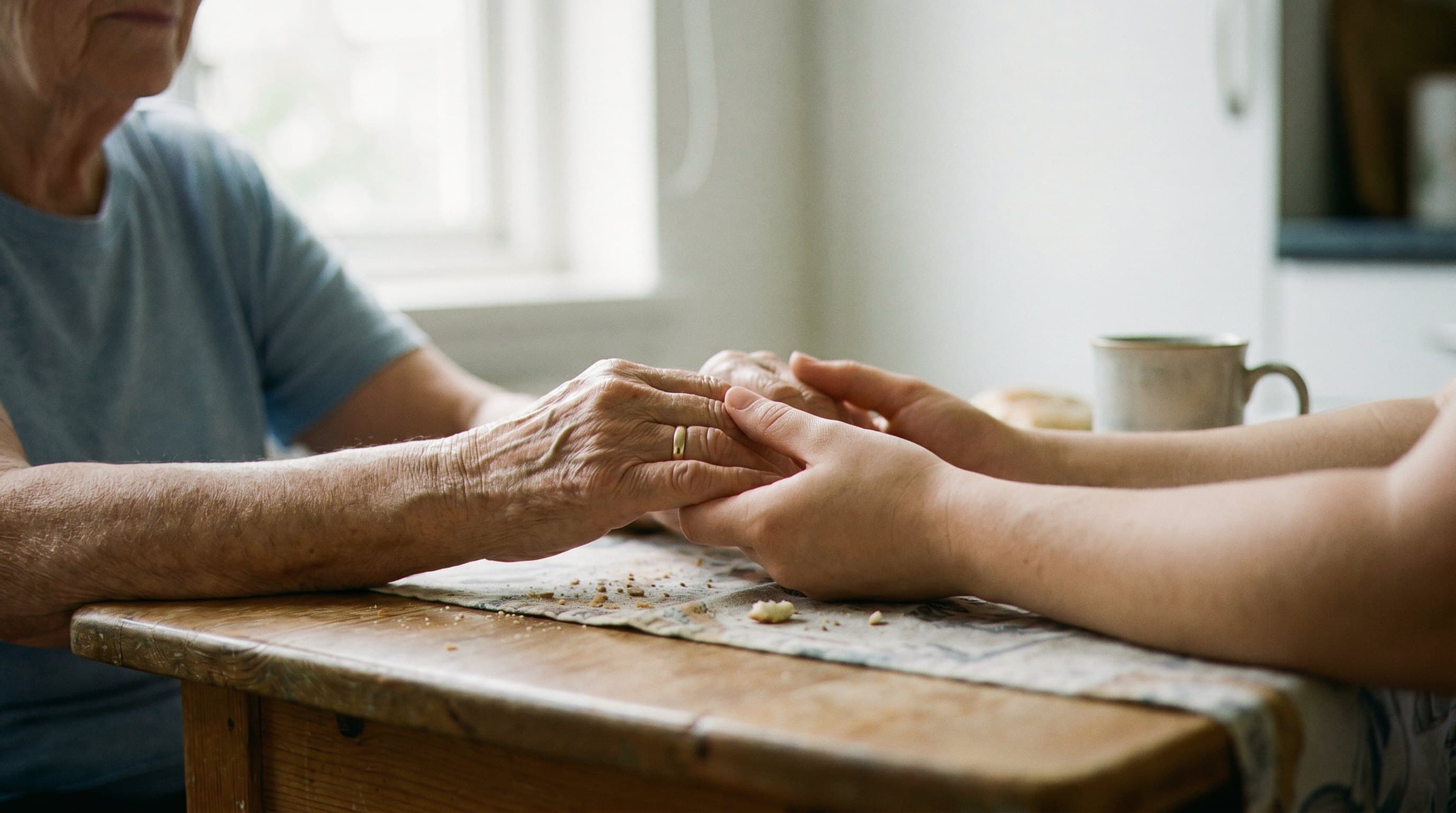 Hands held in end-of-life care moment