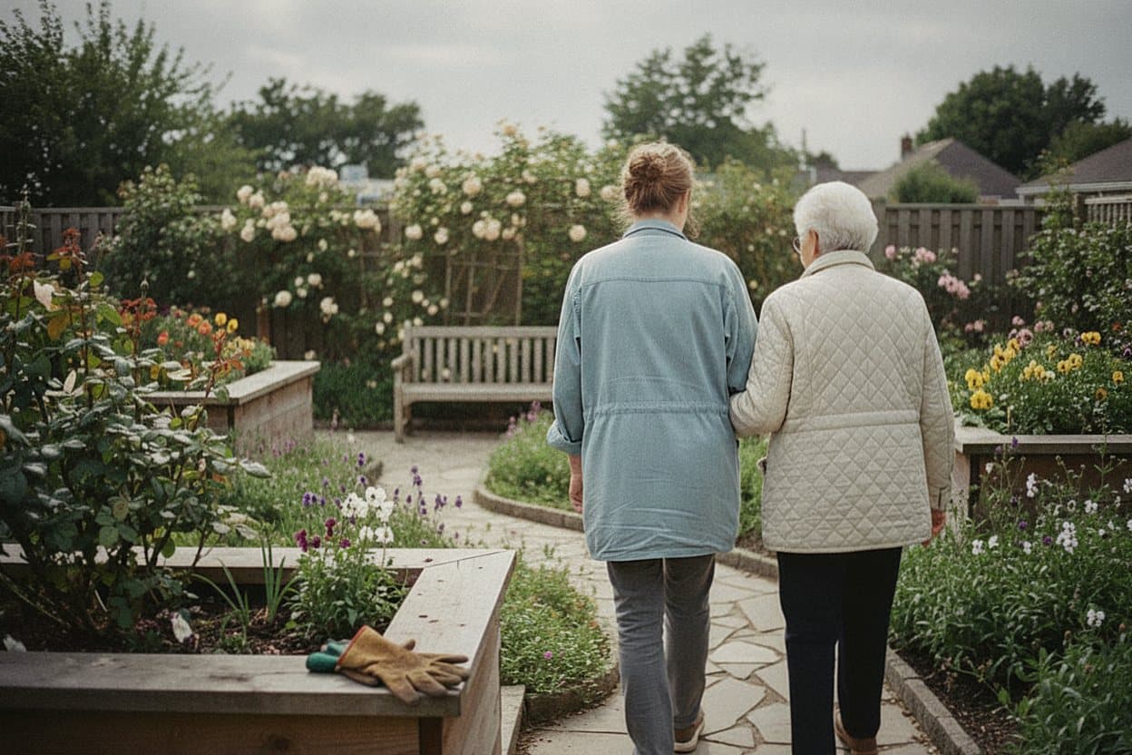 Caregiver and senior walking mail route