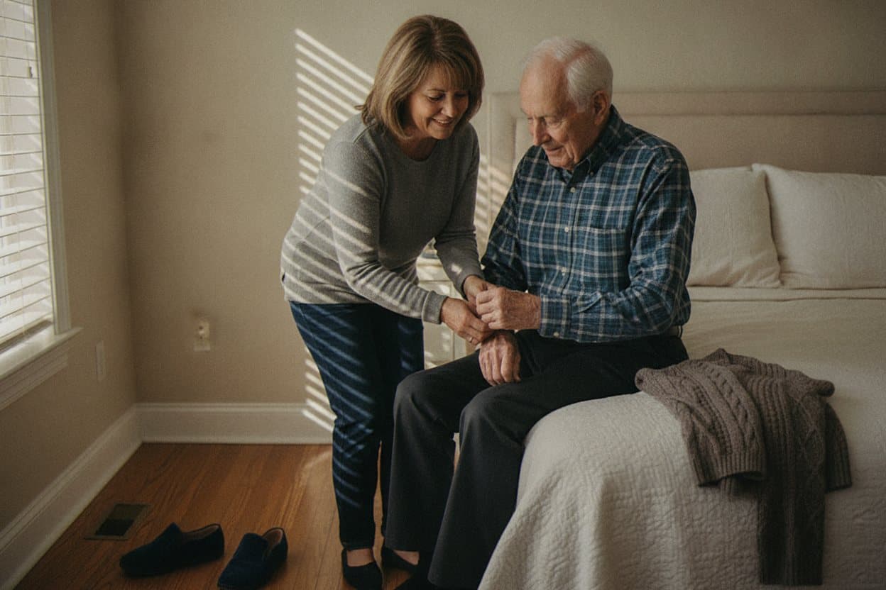 Caregiver assisting senior with getting dressed