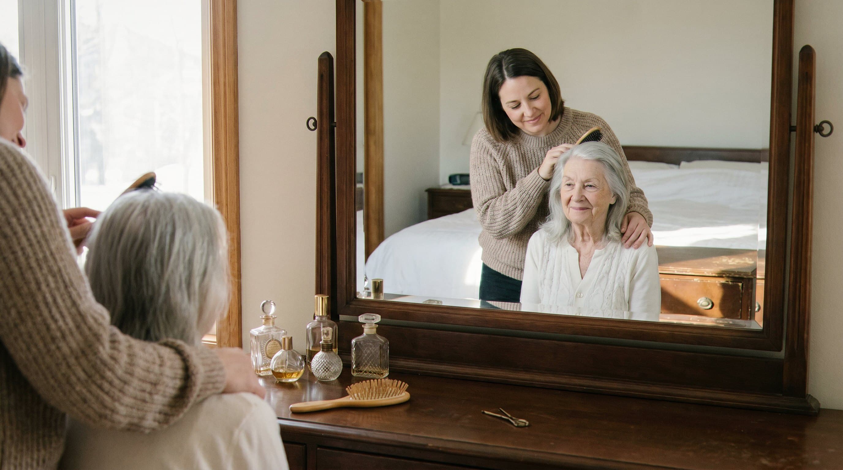 Caregiver helping senior man with grooming