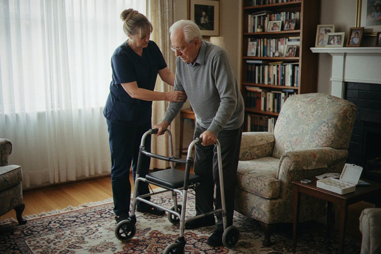 Caregiver supporting elderly woman standing safely