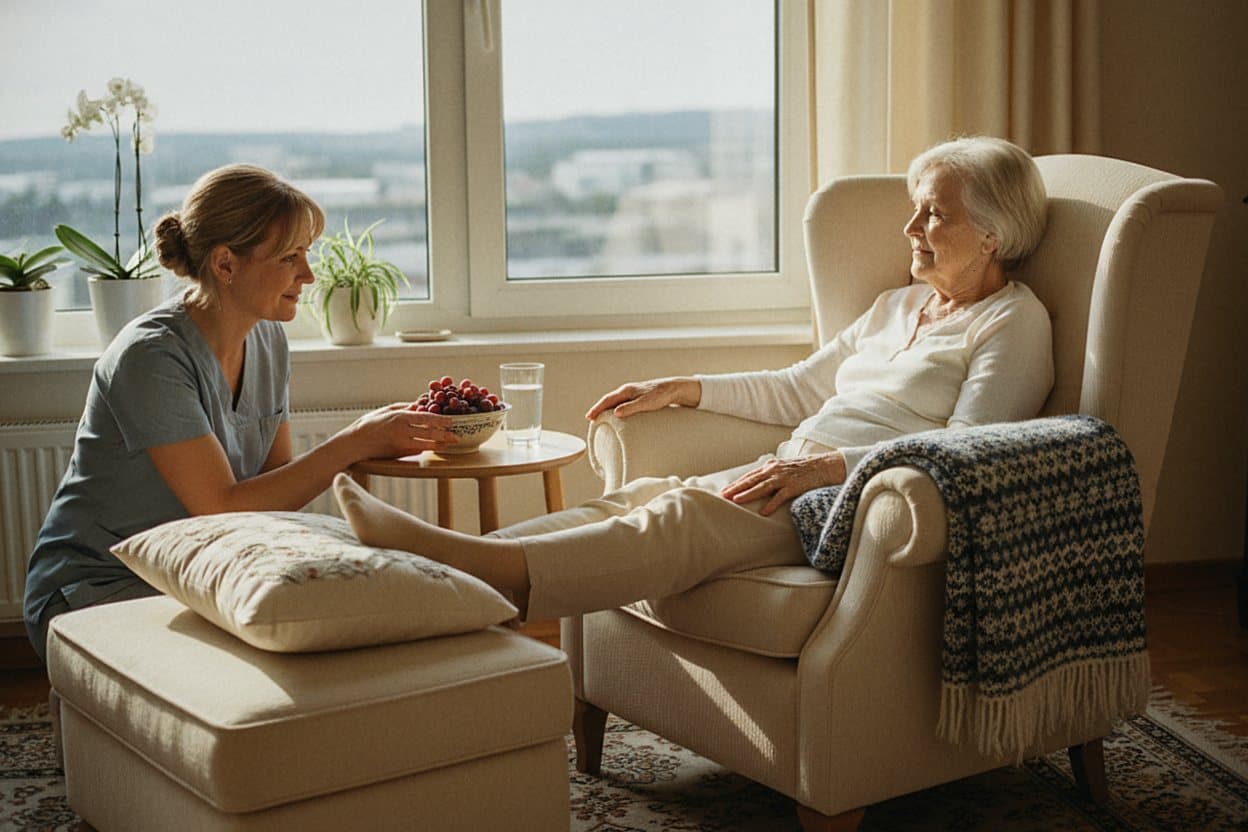 Senior resting comfortably post-hospital at home