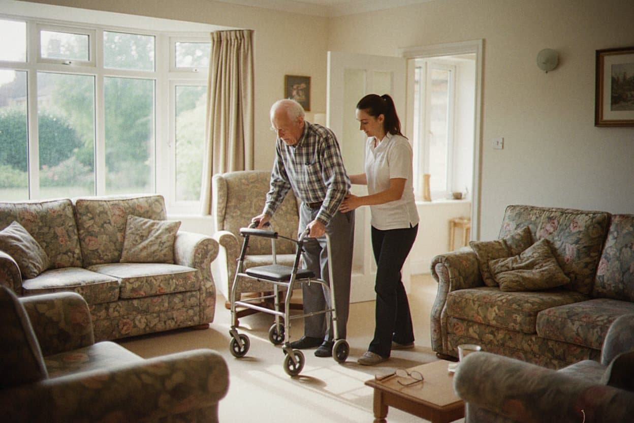 Senior practicing walking with caregiver support