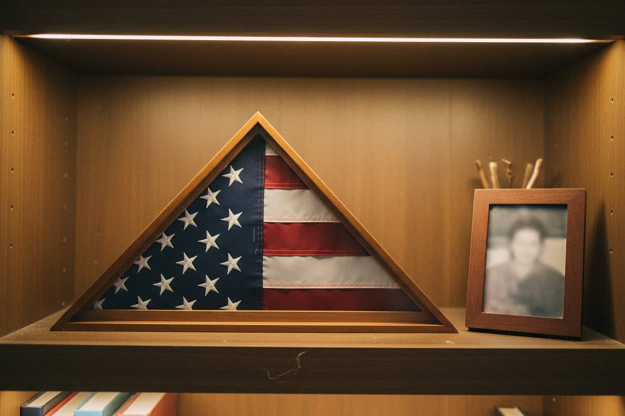 Folded flag honored on bedroom shelf