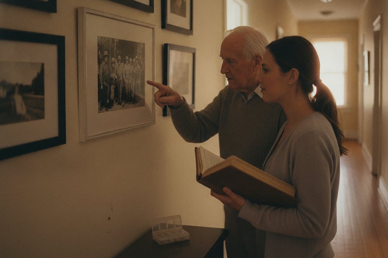 Family photo wall displaying veteran memories